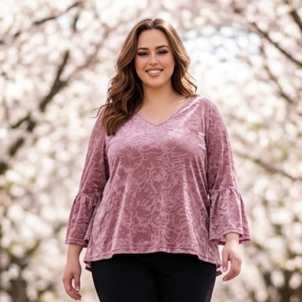 Cato Womens Mauve Floral Burnout Velvet V-Neck Bell Sleeve Top‎ Plus Size 22/24W